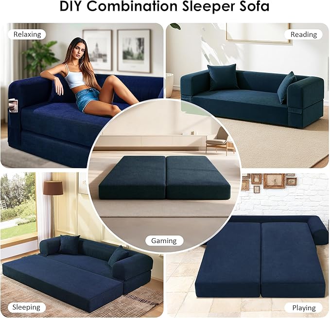 80 Convertible Sofa Bed Corduroy Deep Seat Folding Pull Out Couch with Pillows No Assembly Modern Boneless Couch Compression Sofa in Box Floor Sofa with Storage Pocket for Living RoomNavy Blue