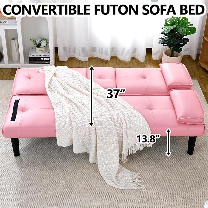 Pink Futon Couch &amp Convertible Futon Sofa Bed for Small Space 67 Loveseat Couches with Removable Armrests &amp 2 Cup Holders for Living Room Bedroom Dorm Apartment Easy Assemble (Pink)