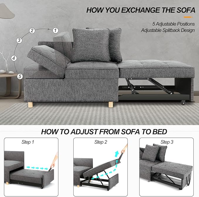 SEJOV Sofa Bed 4-in-1 Convertible Sofas &amp Couches 3-Seat Linen Fabric loveseat Sofa with 2 Throw Pillow Single Recliner for Small Space with 5 Adjustable Backrest Dark Grey