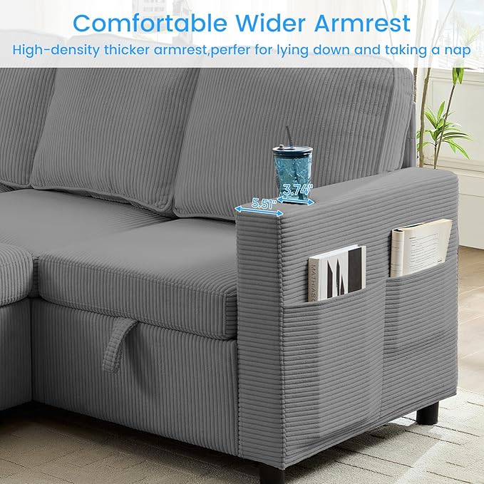 PUREMIND 100 Sectional Sleeper Sofa with Pull Out Bed U Shaped Modular Sectional Sofa with Storage Chaise Corduroy Cloud Sofa Bed with Cup Holders for Living Room Bedroom Apartment Grey