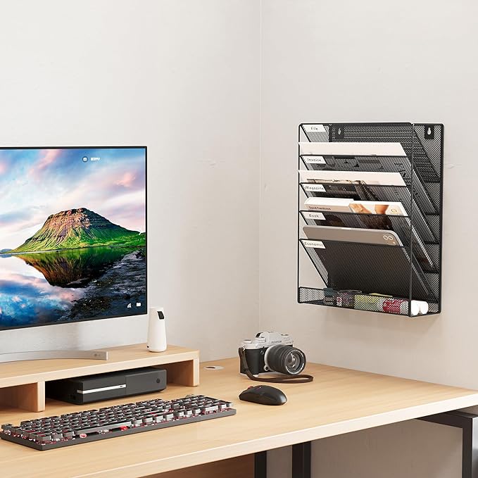 EasyPAG 5 Tier Wall File Holder Mesh Hanging Folder Organizer with Classify Label Versatile Desk File Holder Vertical Wall Mounted Mail Organizer for Office Home Cubicle Black
