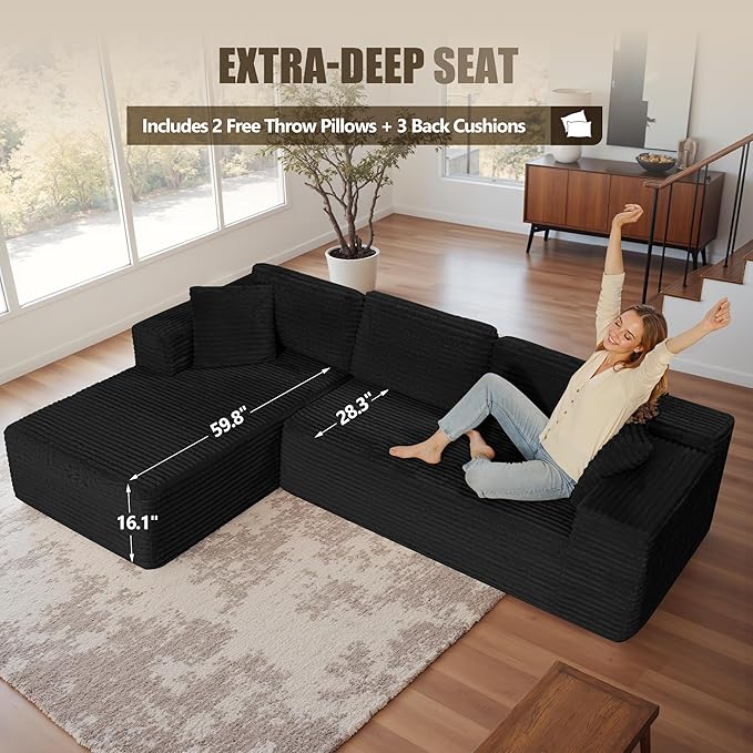 Bashaw 108 Cloud Sectional Couch Sofa with L-Shape Chaise Modern Modular Sofa Couch Upholstered Couches for Living Room Bedroom No Assembly Required (Black L Shape)
