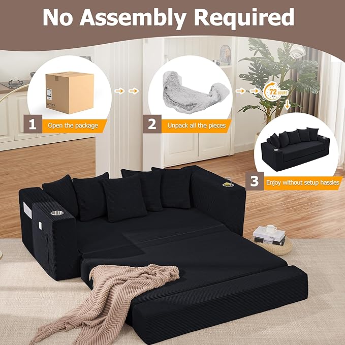 76 Convertible Sofa Bed 3-in-1 Loveseat Folding Couch with Cup Holder &amp Pocket Corduroy Boneless Pull-Out Sofa with 5 Pillows Deep Seat Futon for Living Room Apartment No Assembly Needed Bl