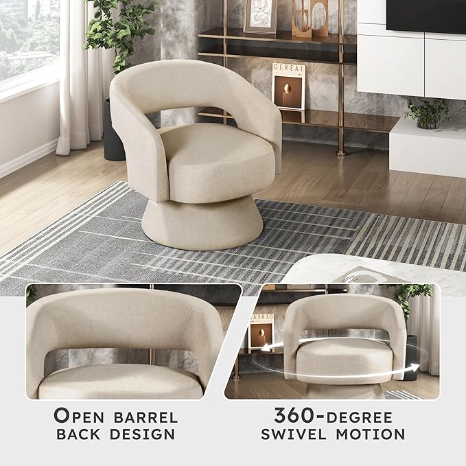 Lexicon 360 Degree Swivel Accent Chair Modern Comfy Velvet Round Barrel Chair Open Back Plush Foam Cushions Metal Swivel Base for Living Room/Bedroom/Office Taupe