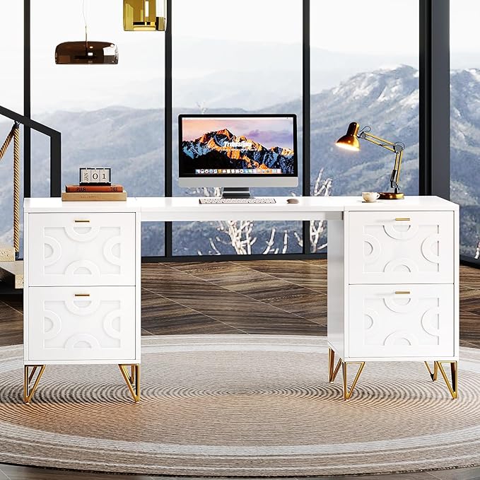 Tribesigns White Executive Desk 59 White and Gold Modern Desk with 4 File Drawers Luxury Writing Table Elegant Computer Office Table for Home Office Study Bedroom