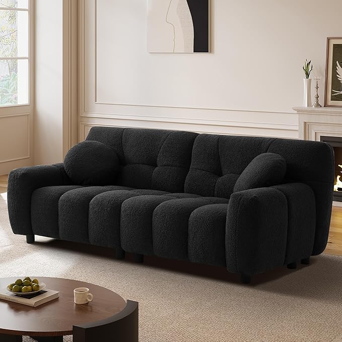 73 Boucle Cloud Sofa Couch with 2 Soft PillowsComfy Upholstered Teddy 2 Seater LoveSeat SofaModern Deep Seat Sherpa Cloud Couch Oversized Love Seat for Living Room Bedroom Apartment Black