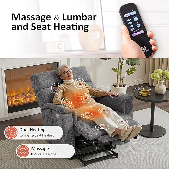 MCombo Power Lift Recliner Chair with Massage and Dual Heating Adjustable Headrest Extended Footrest for Elderly People Fabric R7605 (Dark Grey)