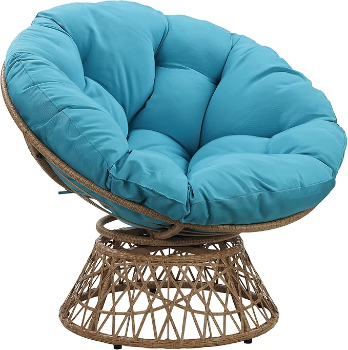 OSP Home Furnishings Wicker Papasan Chair with 360-Degree Swivel Natural Frame with Blue Cushion