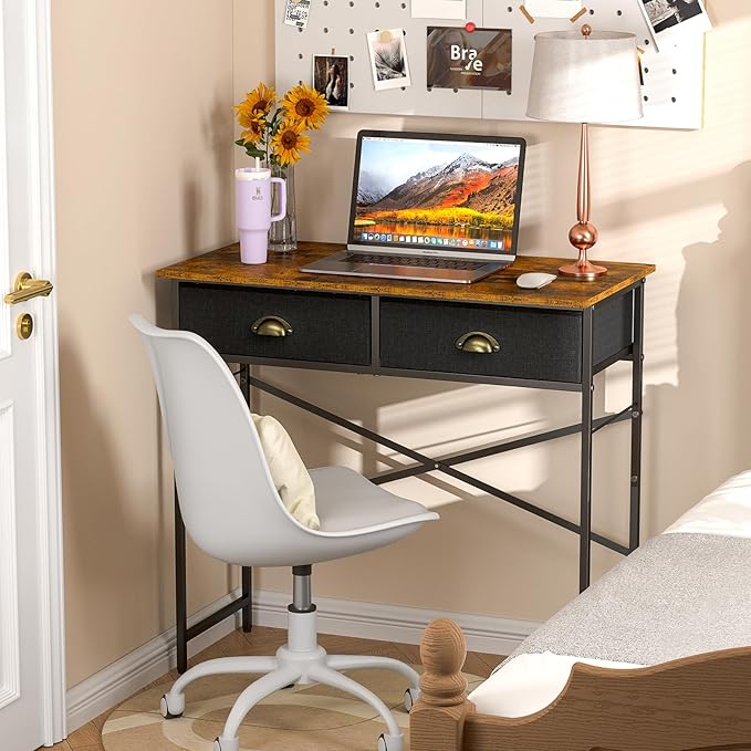Small Writing Desk for Kids Bedroom 31.5 Inch Computer Desk for Small Spaces Simple Desk with 2 Fabric Drawers for Home Office Dorm Living Room Home Study Table Rustic Brown