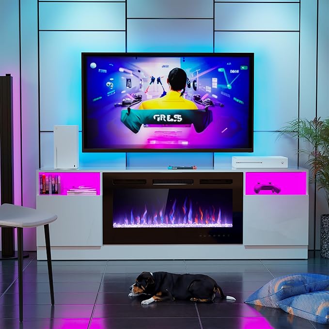 AHB Fireplace TV Stand LED Light Entertainment Center with 36 Electric Fireplace and Storage Cabinet Media Console Table for TVs Up to 80 Inches Ideal for Living Room 70 Inches (White)
