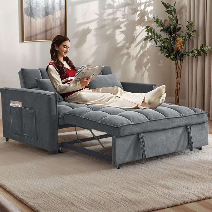 54 Convertible Sofa Bed Velvet Sleeper Sofa with Pull-Out Bed 3-in-1 Futon Couch with Reclining Backrest and Side Pocket Modern Loveseat for Living Room (Medium Grey)