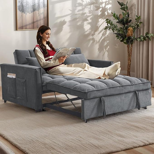 54 Convertible Sofa Bed Velvet Sleeper Sofa with Pull-Out Bed 3-in-1 Futon Couch with Reclining Backrest and Side Pocket Modern Loveseat for Living Room (Medium Grey)