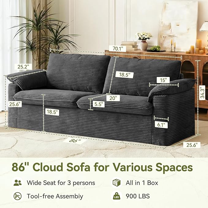 86 Loveseat Sofa Grey Corduroy CouchModern Cloud Sofa Love Seat Deep Seat Slipcovered Sofa with 2 Wide Armrest Pillows for Small Spaces Apartment Studio Office Bedroom Living Room