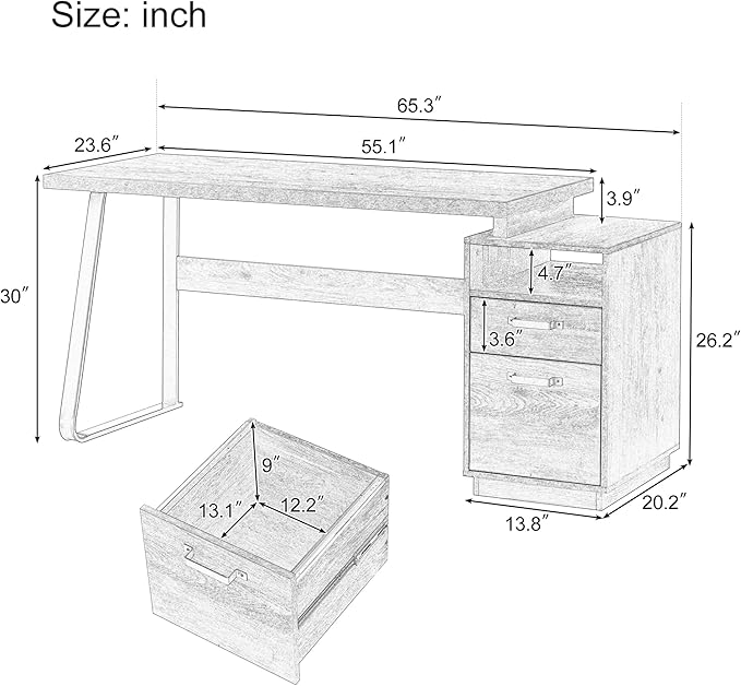 Home Office Computer Desk with DrawersHanging Letter Size Files 65 inch Writing Study Table with Drawers