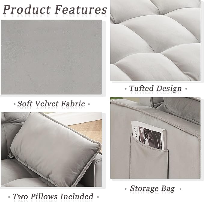 55 Sleeper Loveseat3 in 1 Sofa BedPull Out Couch Bed with 2 Pillows and Side PocketsVelvet Convertible Bed for Small Spaces Living Room (Gray)