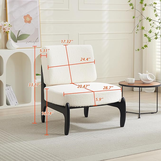 Qulomvs Modern Accent Chair Mid Century Accent Chair with Wooden Frame Upholstered Comfy Reading Chair Armless Side Sofa Chair for Living Room Bedroom (White Teddy Fabric)