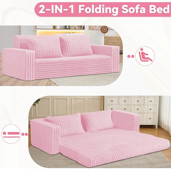 HABUTWAY Folding Sofa Bed 2 in 1 Convertible Sleeper Chair with 2 Pillows Portable Fold Out Chair Bed with Armrest Comfy Floor Couch Lazy Sofa for Living Room Bedroom Dorm Home Office Pink