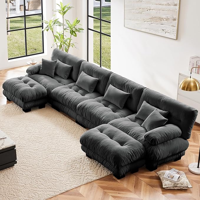 Aoowow Modern Modular Sectional Sofa173.2 Oversized 4 Seater U-Shaped CouchChenille Cloud Couches for Living RoomTufted 4 Seat Cloud Sofa Deep Seat (Chenille Grey 4 Seater with 2 Ottomans)