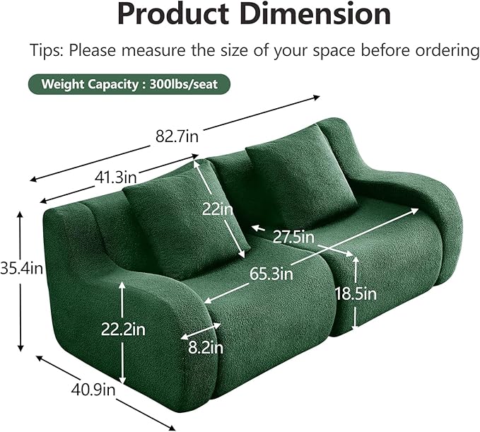 Green Cloud Couch Loveseat Modern Teddy Fabric Boneless Sectional Sofa in a Box for Living Room Modular Floor Couch No Assembly Required Sofas para Sala