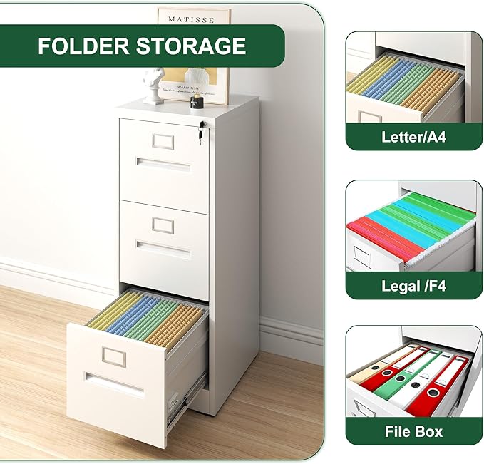 3 Drawer File Cabinet with LockMetal Vertical Filing Cabinets Office Home A4 Legal/Letter Size Narrow File Cabinet LockedAssembly RequiredWhite