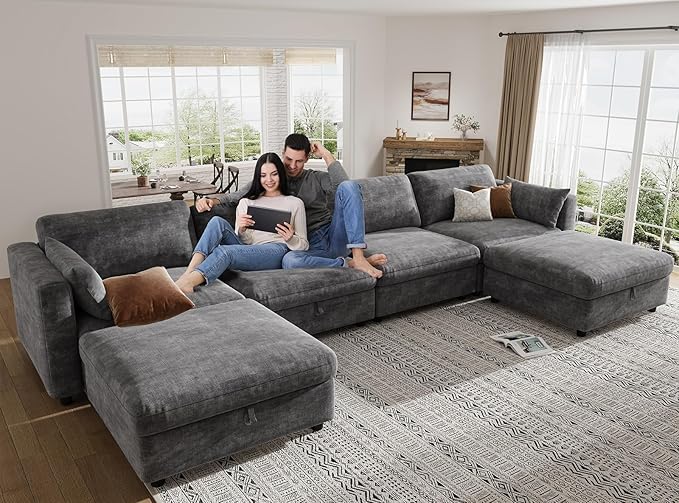 KKL Modular Sectional Couches for Living Room U Shaped Sofa Couch with Adjustable Backrest Chenille 6 Seater Sofa Couch with Convertible Ottoman and Comfy Cushion Grey