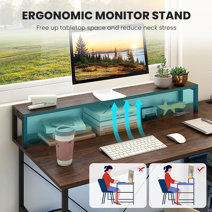 Tangkula 2-Person Reversible Computer Desk with LED Lights 94.5” Long Office Desk with Power Outlets Monitor Stand Keyboard Tray &amp 2 Storage Shelves Double Desk for Gaming Working Writing (Wal