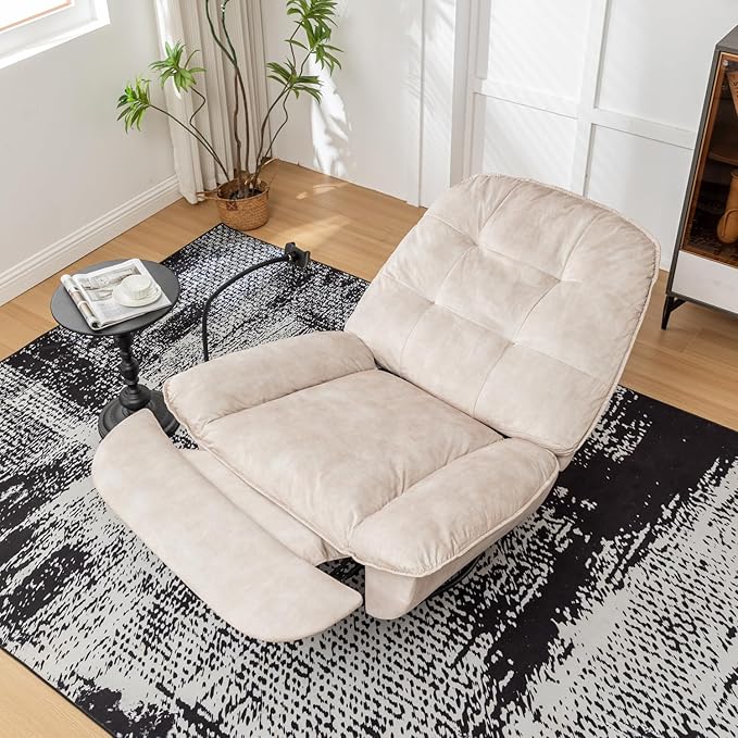 Swivel Rocker Recliner Chair for Adult Oversized Armless Recliner with Phone Holder Comfy Swivel Glider Recliner Velvet Reading Chair for Living Room (Ivory)