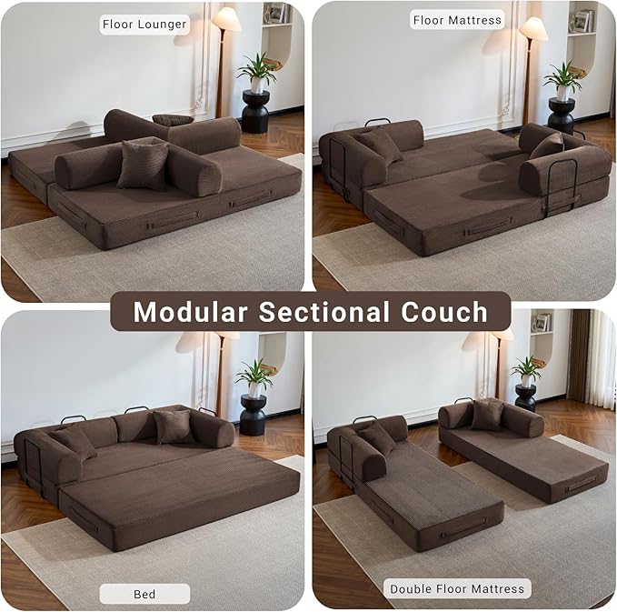 Compressed Sofa Convertible Sofa Bed Corduroy Compression Boneless Couch with Pillow Comfy Modular Foldable Floor Sleeper Sofa for Bedroom Living Room Lounge Studio (Brown)