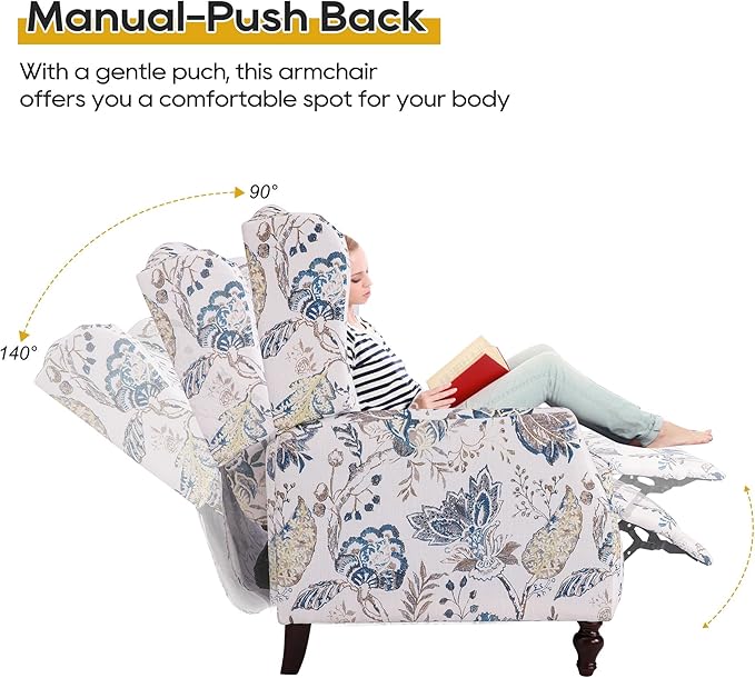 Mid Century Modern Wingback Recliner Chair for Adults Push Back Upholstered Accent Chair with Floral Fabric Manual Reclining Armchair for Living Room Bedroom Reading Corner (Blue Botanical)