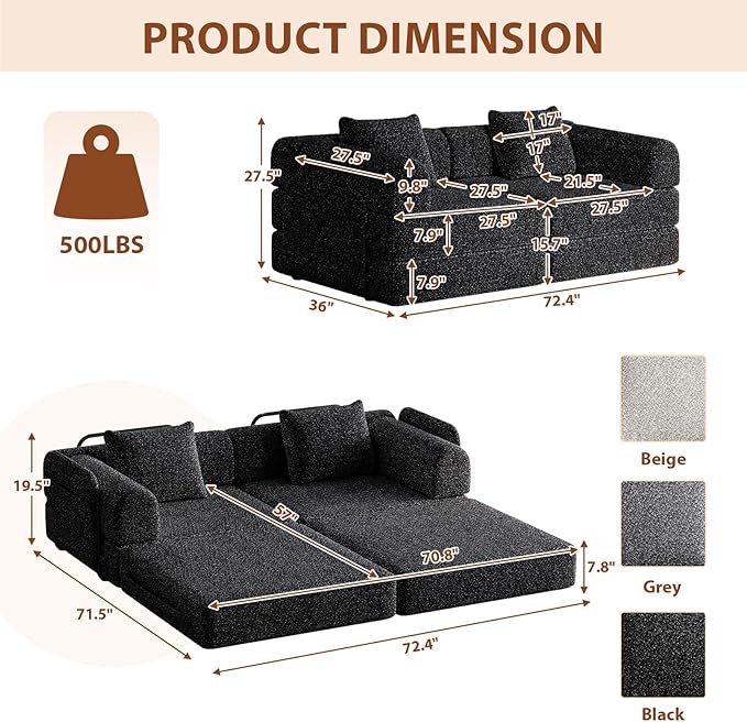 Convertible Sofa Bed 72.4+ 72.4 Sectional Couch 4-Seater with Storage Pockets Modular Sleeper Couch Chenille Folding Floor Boneless Lounge Sofa for Living Room Guest Room Black