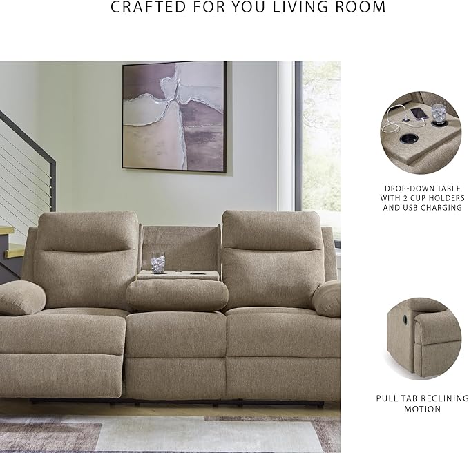 Signature Design by Ashley Yarrow Lane Classic Chenille Manual Pull Tab Reclining Sofa with Drop Down Table and USB Charging Light Brown
