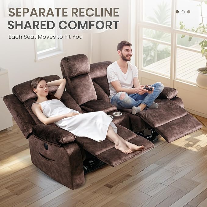 Power Reclining Loveseat with Heat &amp Massage Dual Recliner Sofa with Console Cup Holders USB &amp Type-C Ports 2 Seater Electric Reclining Couch for Living Room RV (Brown 2 Seat)