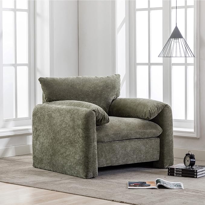 Modern Velvet Fabric Chenille Oversized Single Sofa 38.6’’ W Living Room Accent Armchair Lounge Chair for Living Room Bedroom Meeting Room Hotel Lobby (Matcha Green)