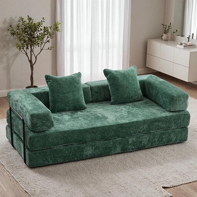 Convertible Floor Sofa Bed Fold Out Floor Couch with Pillow Back &amp Armrest Compressed Couch with Fixed-Shape Frame Chenille Foldable Sleeper Sofa Bed for Living Room Bedroom Dark Green