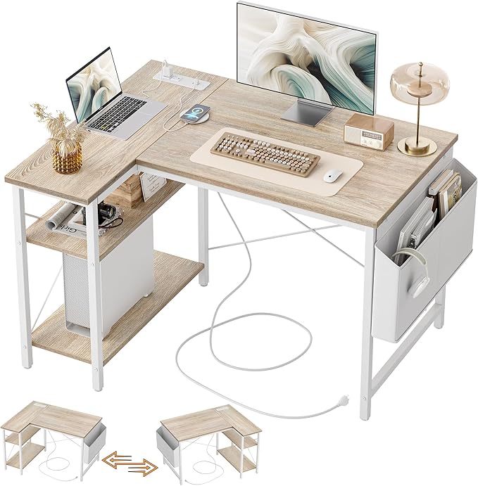 TIQLAB L Shaped Computer Desk with Power Outlets 47 Inch Small Corner Desk with Reversible Shelves Gaming Desk Computer Table Study Writing Table for Home Office Bedroom Small Space Maple