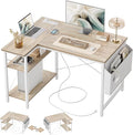 TIQLAB L Shaped Computer Desk with Power Outlets 47 Inch Small Corner Desk with Reversible Shelves Gaming Desk Computer Table Study Writing Table for Home Office Bedroom Small Space Maple