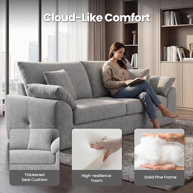 89.8 Modern Loveseat Sofa for Living Room Cloud Boneless Couches with 4 Pillows Mid Century Loveseat couches for Small Place No Assembly Required Light Grey