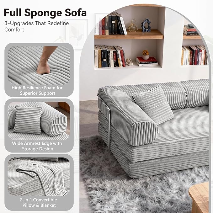 76.77 Inch Convertible Sofa Bed Modern Corduroy Futon Boneless Couches Lounge Loveseat with Side Storage Pocket Pull Out Sofa Bed for Living Room Bedroom No Assembly Required Grey