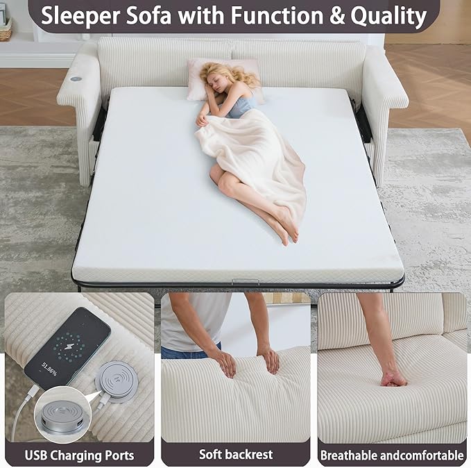 2-in-1 Full Size Pull Out Sleeper Sofa Bed – Convertible Corduroy Loveseat Couch with USB Charging &amp Memory Foam Double Seater Sofa for Living Room Apartment &amp Small Space (Beige)