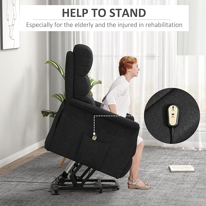 HOMCOM Power Lift Recliner Chair for Elderly Easy Assembly Fabric Lift Chair for Adults Recliner Sofa with Remote Control Side Pockets for Living Room Black