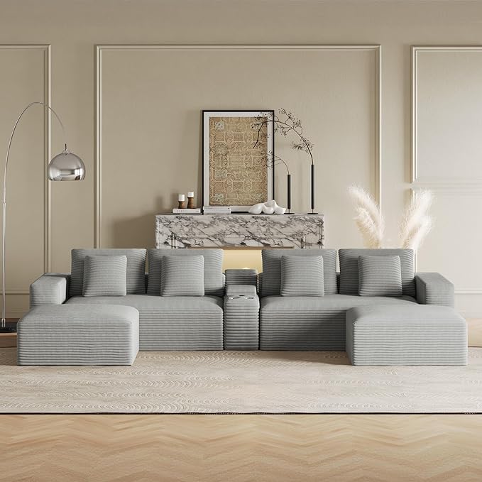 151 U Shaped Cloud Sectional Couch Modular Sofa Comfy Oversized Boneless Couches for Living Room Plush Corduroy Sectional Sofa Set with Ottoman Storage Console USB Light Grey