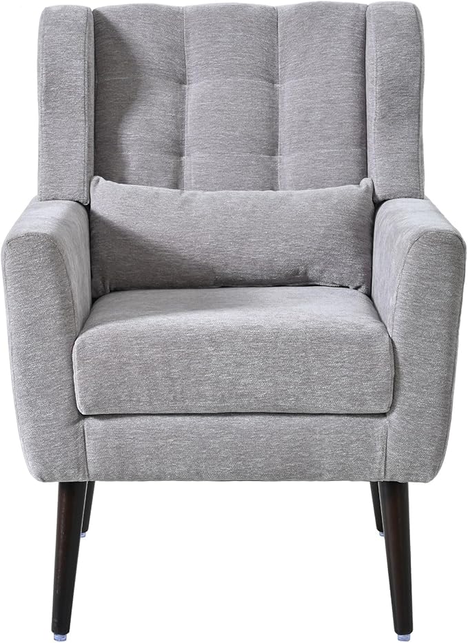 Modern Accent ChairChenille Arm Chairs for Living RoomUpholstered Mordern ArmchairComfy Soft Padded Lounge Chair in Small Space Bedroom w/Pillow Solid Wood Leg (Grey)