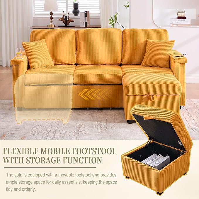 L Shaped Sectional Sofa with Storage &amp Movable Ottoman 76 Corduroy 3 Seater Sectional Couch with USB Charging Cup Holder &amp LED Light Couches for Living Room Mustard Yellow
