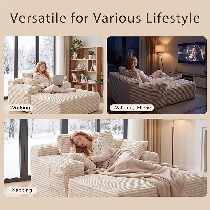 Boneless Chaise Lounge Chair Indoor with Ottoman 67 Inch Oversized Corduroy Couch Compressed Sofa Bed Couches for Living Room Bedroom Guest Room No Assembly Required Off-White