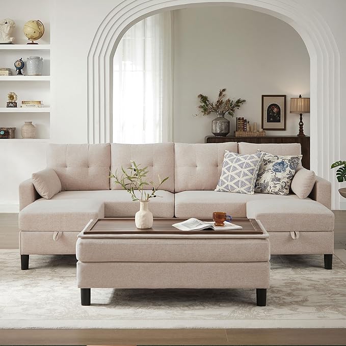 101 Modern Sectional Sleeper Sofa Bed U Shaped Couch with Storage Ottoman and Side Pockets 4 Seater Sofa for Living Room Apartment Beige