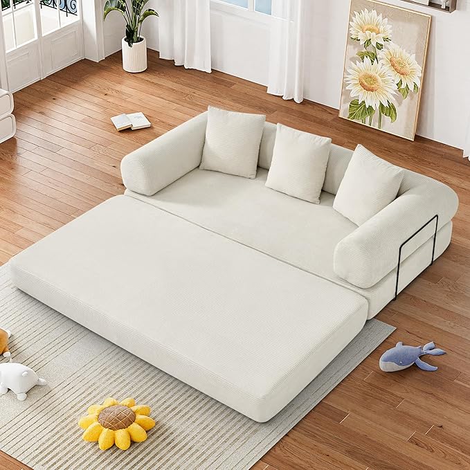 Convertible Sofa Bed Corduroy Memory Foam Compression Sofa Modular Floor Sofas with Pull-Out Bed Compressed Couch in Box Foldable Sleeper Couch Bed for Living Room Bedroom Lounge Beige White