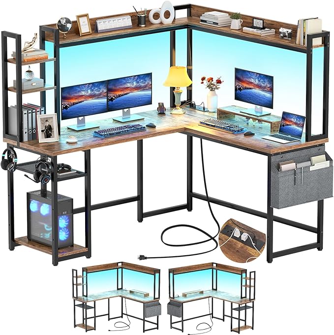 Aheaplus L Shaped Desk with Power Outlet L Shaped Gaming Desk with Led Light &amp Hutch Reversible Home Office Desk Corner Computer Desk Writing Desk with Monitor Stand &amp Storage Shelf Rustic