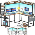 Aheaplus L Shaped Desk with Power Outlet L Shaped Gaming Desk with Led Light &amp Hutch Reversible Home Office Desk Corner Computer Desk Writing Desk with Monitor Stand &amp Storage Shelf Rustic