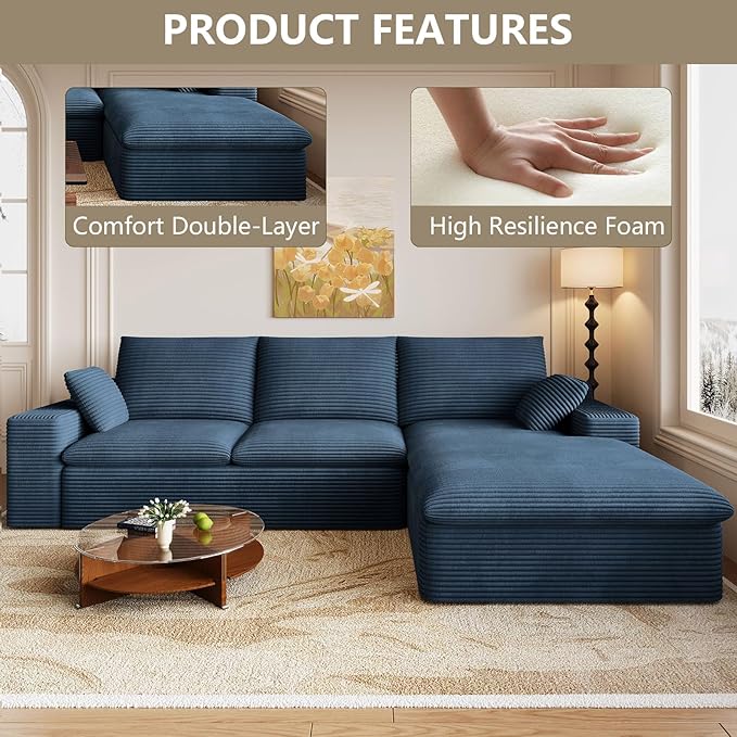 107 Cloud Couch Modular Sectional Couchs with Chaise Lounge L-Shape Boneless Couches for Living Room Corduroy Sofa with Deep Seat No Assembly Required (Blue Right Facing Chaise)