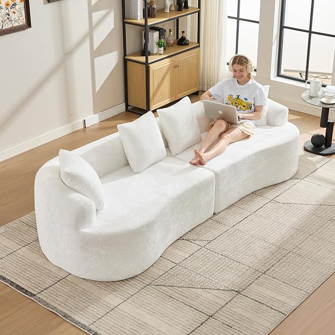 Curved Sectional Couch 110 Chenille Cloud Sofa with 4 Pillows 4-Seater Sleeper Sofa for Living Room Apartment Full Compression Sponge (Beige 110 Inch)